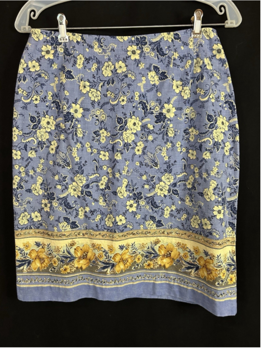 TALBOTS Size 10 Lightweight Linen Blue Skirt Yellow Floral Border Summer Travel